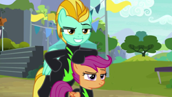 Size: 1280x720 | Tagged: safe, derpibooru import, screencap, lightning dust, scootaloo, pegasus, pony, the washouts (episode), clothes, duo, female, filly, foal, mare, raised eyebrow, uniform, washouts uniform