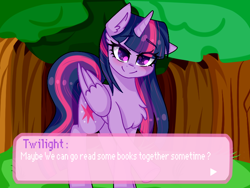 Size: 800x600 | Tagged: safe, artist:thecreativerey, derpibooru import, twilight sparkle, twilight sparkle (alicorn), alicorn, pony, bedroom eyes, chest fluff, cute, dating sim, ear fluff, eye clipping through hair, female, looking at you, mare, smiling, solo, tree, twiabetes