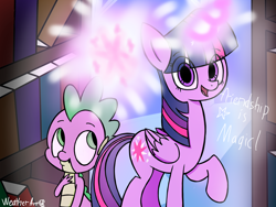 Size: 2048x1536 | Tagged: safe, artist:weatherart, spike, twilight sparkle, twilight sparkle (alicorn), alicorn, dragon, pony, book, bookshelf, magic, telekinesis