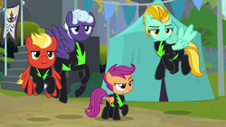 Size: 1280x720 | Tagged: safe, derpibooru import, screencap, lightning dust, rolling thunder, scootaloo, short fuse, pegasus, pony, the washouts (episode), clothes, female, filly, flying, foal, male, mare, quartet, raised eyebrow, smiling, the washouts, uniform, washouts uniform