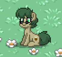 Size: 206x191 | Tagged: safe, derpibooru import, oc, oc:nutmeg, pony, brown fur, flower, glasses, grass, green eyes, green mane, pixle, pony town, sitting, smiling