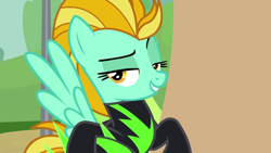 Size: 1280x720 | Tagged: safe, derpibooru import, screencap, lightning dust, pegasus, pony, the washouts (episode), clothes, female, mare, raised eyebrow, smiling, smirk, smug, solo, uniform, washouts uniform