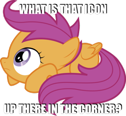 Size: 1073x990 | Tagged: safe, derpibooru import, scootaloo, caption, fourth wall, huddle, image macro, meme, simple background, solo, transparent background, wide eyes