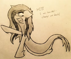 Size: 2372x1987 | Tagged: safe, artist:toothpastethy, oc, oc only, oc:amiiscel, fish, merpony, pony, eyelashes, female, long mane, mare, monochrome, sketch, solo, species swap, traditional art, upset