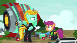 Size: 1280x720 | Tagged: safe, derpibooru import, screencap, lightning dust, scootaloo, pegasus, pony, the washouts (episode), bipedal, bipedal leaning, clothes, duo, female, filly, foal, leaning, mare, pint-sized dynamite, plot, rocket, scooter, tape, uniform, washouts uniform