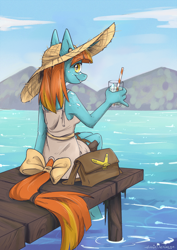 Size: 1400x1983 | Tagged: safe, artist:lonerdemiurge_nail, derpibooru import, oc, oc only, oc:swift note, anthro, unicorn, cloud, cup, detailed background, drink, female, freckles, gauge, hat, looking at you, looking back, messenger bag, mountain, mountain range, pier, piercing, sitting, sky, smiling, solo, straw, sun hat, tail wrap, water, wood