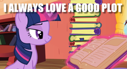 Size: 835x457 | Tagged: safe, derpibooru import, edit, edited screencap, screencap, twilight sparkle, pony, unicorn, spike at your service, bedroom eyes, book, female, golden oaks library, image macro, innuendo, mare, meme, pun, reading, solo