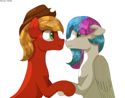 Size: 3308x2593 | Tagged: safe, artist:asika-aida, oc, oc only, earth pony, pegasus, pony, commission, cowboy hat, female, hat, looking at each other, male, mare, oc x oc, shipping, simple background, stallion, stetson, straight, transparent background