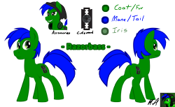 Size: 4176x2550 | Tagged: safe, artist:fundz64, oc, oc only, oc:razorbass, pony, absurd resolution, beanie, blue mane, cutie mark, green, green coat, hat, headphones, razor blade, reference sheet, simple background, solo, transparent background