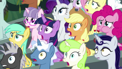 Size: 1280x720 | Tagged: safe, derpibooru import, screencap, applejack, aura (character), cotton cloudy, dark moon, fluttershy, graphite, meadow song, miss hackney, moonlight raven, neon lights, pinkie pie, pokey pierce, rarity, rising star, sunshower raindrops, twilight sparkle, twilight sparkle (alicorn), alicorn, earth pony, pegasus, pony, unicorn, the washouts (episode), audience, aweeg*, awooga, background pony, cheering, eating, female, glasses, male, mare, open mouth, puffy cheeks, rainbow dash's prank fail, scooter, stallion