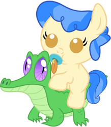 Size: 786x902 | Tagged: safe, artist:red4567, gummy, sapphire shores, pony, baby, baby pony, cute, pacifier, ponies riding gators, riding, sapphire sweetness, weapons-grade cute