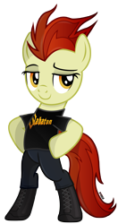 Size: 2430x4599 | Tagged: safe, artist:a4r91n, derpibooru import, oc, oc only, oc:para focului, bipedal, boots, clothes, heavy metal, hooves on hips, lidded eyes, looking away, pants, sabaton, shirt, shoes, simple background, t-shirt, transparent background, vector