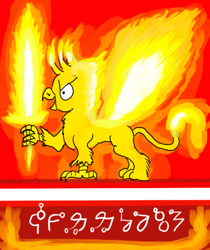 Size: 430x512 | Tagged: safe, artist:horsesplease, derpibooru import, gallus, griffon, constructed language, fiery wings, fire, fire tail, flag, flaming sword, male, paint tool sai, pun, sarmelonid, smiling, solo, sword, vozonid, weapon