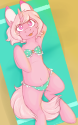 Size: 506x810 | Tagged: safe, artist:hyena-puff, derpibooru import, oc, pony, unicorn, arm behind head, beach, belly, clothes, female, looking at you, lying, mare, solo, swimsuit, tongue out