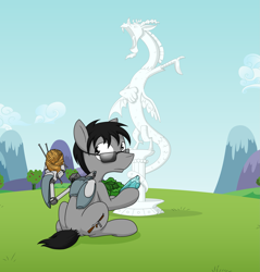 Size: 2251x2354 | Tagged: safe, artist:sandwich-anomaly, discord, oc, oc:crossfire, earth pony, pony, gadget, grass field, looking back, male, mountain, robotic arm, sewing needle, sitting, solo, stallion, statue, yarn