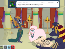 Size: 4000x3000 | Tagged: safe, artist:fundz64, oc, oc only, oc:fluffle puff, oc:razorbass, pony, anubis, ask, bastet, birthday, crosses, drawing, drool, egypt, hieroglyph, peace sign, pillar, tumblr, vector