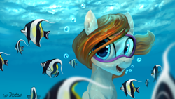 Size: 1920x1080 | Tagged: safe, artist:jedayskayvoker, derpibooru import, oc, oc only, oc:sky chase, fish, pegasus, pony, commission, female, goggles, mare, open mouth, smiling, solo, swimming goggles, underwater, ych result