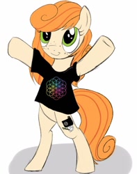 Size: 514x652 | Tagged: safe, artist:chickenbrony, oc, oc only, oc:megan rouge, pony, clothes, coldplay, colored sketch, green eyes, hooves up, redhead, shirt, sketch, smiling, solo, standing