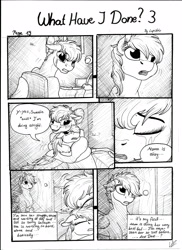 Size: 2550x3506 | Tagged: safe, artist:lupiarts, derpibooru import, oc, oc only, oc:camilla curtain, oc:chess, oc:sally, comic:what have i done, black and white, comic, crying, daughter, female, grayscale, hug, monochrome, mother, sad, sisters, speech bubble, traditional art