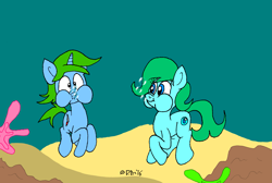 Size: 2945x1981 | Tagged: safe, artist:dragonboi471, oc, oc only, oc:balance blade, oc:delphina depths, earth pony, pony, unicorn, bubble, puffy cheeks, underwater