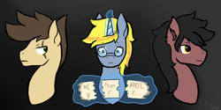 Size: 2362x1181 | Tagged: safe, artist:dyonys, derpibooru import, oc, oc only, oc:angel feather, oc:moon shine, oc:night chaser, earth pony, pegasus, pony, unicorn, bust, ear fluff, glasses, glowing horn, magic, male, sad, scar, stallion, tree bark, writing