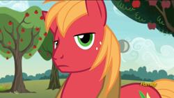 Size: 1920x1080 | Tagged: safe, screencap, big macintosh, pony, honest apple, apple tree, discovery family logo, frown, lidded eyes, male, solo, stallion, tree, unamused