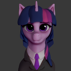 Size: 872x872 | Tagged: safe, artist:ohmudak_wip, twilight sparkle, pony, unicorn, 3d, 3d model, alternate hairstyle, business suit, businessmare, clothes, explicit source, female, gray background, mare, patreon, sculpt, simple background, smiling, solo, suit, wip, zbrush