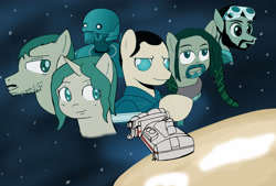 Size: 4050x2730 | Tagged: safe, artist:dsana, artist:helsaabi, pony, robot, collaboration, absurd resolution, baze malbus, bodhi rook, cassian andor, chirrut imwe, crossover, goggles, group, jyn erso, k-2so, planet, ponified, rogue one: a star wars story, smiling, space, spaceship, star wars