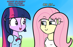 Size: 1280x831 | Tagged: safe, artist:artiks, derpibooru import, fluttershy, twilight sparkle, equestria girls, atg 2018, dialogue, duo, duo female, female, newbie artist training grounds, oh my