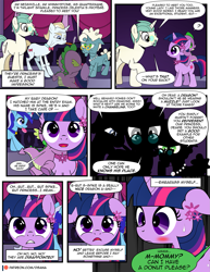 Size: 1275x1650 | Tagged: safe, artist:dsana, derpibooru import, minuette, spike, twilight sparkle, oc, dragon, pony, unicorn, comic:the shadow shard, baby, baby dragon, baby spike, blushing, comic, female, filly, filly twilight sparkle, glasses, male, mama twilight, mare, nightmare, stallion, younger