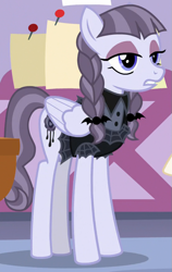 Size: 553x877 | Tagged: safe, derpibooru import, screencap, inky rose, pegasus, pony, honest apple, cropped, female, goth, mare, solo, table