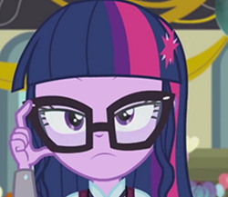 Size: 500x434 | Tagged: safe, screencap, sci-twi, twilight sparkle, equestria girls, friendship games, bust, cropped, female, frown, glare, glasses, lidded eyes, looking at you, loose hair, portrait, reaction image, solo, unamused