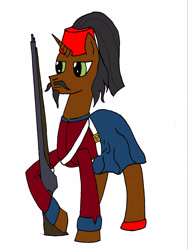 Size: 2449x3265 | Tagged: safe, artist:timejumper, derpibooru import, oc, oc only, pony, unicorn, beard, clothes, facial hair, fez, gun, hat, moustache, ottoman, plume, rifle, skirt, soldier, uniform, weapon