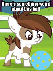 Size: 293x394 | Tagged: safe, edit, edited screencap, screencap, pipsqueak, earth pony, pony, twilight time, ball, colt, image macro, male, meme, pinto, solo