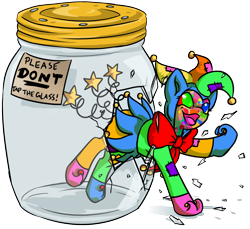 Size: 1382x1267 | Tagged: safe, artist:dawnallies, derpibooru import, oc, oc only, oc:fool, zebra, broken, jester, jester motley, pony in a bottle, shattered, simple background, solo, transparent background