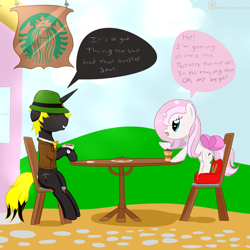 Size: 3000x3000 | Tagged: safe, artist:ricktin, oc, oc only, oc:gold rush, oc:stardust nicole silvermane, pony, unicorn, booster seat, bow, chair, clothes, coat, coffee, coffee cup, cup, cute, dialogue, donut, duo, duo male, femboy, food, hat, male, sitting, stallion, table, trap