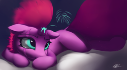 Size: 4500x2500 | Tagged: safe, artist:auroriia, derpibooru import, fizzlepop berrytwist, tempest shadow, unicorn, my little pony: the movie, broken horn, cute, eye scar, female, fireworks, mare, prone, scar, signature, solo, sparking horn