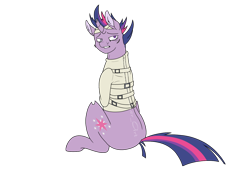 Size: 1500x1050 | Tagged: safe, artist:dragonseekerart, derpibooru import, twilight sparkle, pony, unicorn, bad end, blind eye, bondage, broken horn, cutie mark, female, future twilight, looking over shoulder, mare, scar, simple background, sitting, solo, straitjacket, transparent background