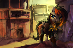 Size: 3000x2000 | Tagged: safe, artist:jedayskayvoker, derpibooru import, oc, oc only, oc:rainy sky, pegasus, pony, fallout equestria, clothes, commission, female, gun, looking back, mare, solo, weapon, ych result