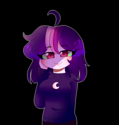 Size: 4200x4416 | Tagged: safe, artist:moon-rose-rosie, derpibooru import, oc, oc:celestial moon, human, absurd resolution, clothes, humanized, magical lesbian spawn, offspring, parent:rainbow dash, parent:twilight sparkle, parents:twidash, possessed, solo, sombra eyes, sweater