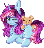 Size: 152x167 | Tagged: safe, artist:sketchyhowl, derpibooru import, oc, oc only, oc:rainbow kitty, pony, unicorn, animated, female, floatie, gif, huge ears, mare, one eye closed, pixel art, simple background, solo, teddy bear, transparent background, wink