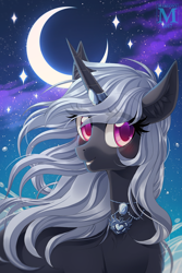 Size: 900x1348 | Tagged: safe, artist:margony, oc, oc only, pony, unicorn, commission, crescent moon, female, horn ring, jewelry, looking at you, mare, moon, necklace, night, smiling, solo, starry night, stars