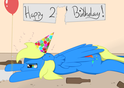 Size: 1000x706 | Tagged: safe, artist:fortes-feather, derpibooru import, oc, oc only, oc:forté, pegasus, pony, balloon, banner, birthday, bottle, empty bottles, grumpy, hat, huff, party, party hat, piercing, rainbow eyes, simple background, solo