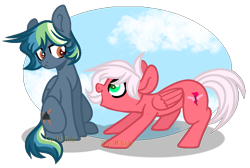 Size: 959x646 | Tagged: safe, artist:detoxx-retoxx, derpibooru import, oc, oc only, oc:flitterbug, oc:stratus storm, pegasus, pony, base used, colt, duo, female, filly, male, next generation, offspring, parent:big macintosh, parent:dumbbell, parent:fluttershy, parent:rainbow dash, parents:dumbdash, parents:fluttermac, simple background, transparent background