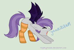 Size: 1760x1200 | Tagged: safe, artist:nightydream, derpibooru import, oc, oc:night dream, bat pony, pony, bat pony oc, clothes, cute, female, mare, simple background, socks, solo, striped socks, yawn