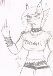 Size: 1110x1586 | Tagged: safe, artist:mane-shaker, limestone pie, anthro, angry, blackletter, bullet belt, metal, middle finger, monochrome, traditional art, vulgar