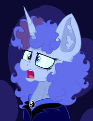 Size: 1412x1838 | Tagged: safe, artist:paskanaakka, derpibooru exclusive, derpibooru import, oc, oc only, oc:midnight dew, pony, unicorn, abstract background, alternate timeline, angry, bags under eyes, clothes, ear fluff, female, mare, messy mane, nightmare takeover timeline, solo, uniform