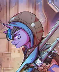 Size: 1438x1772 | Tagged: safe, artist:co11on-art, derpibooru import, oc, oc only, pony, unicorn, ana amari, gun, overwatch, parody, rifle, smiling, solo, weapon