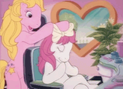Size: 540x392 | Tagged: safe, derpibooru import, screencap, starlight (g1), sweetheart, g1, my little pony tales, animated, armchair, bipedal, bow, gif, opening, sweetheartorable