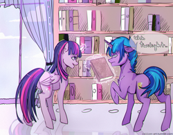 Size: 3396x2654 | Tagged: safe, artist:co11on-art, derpibooru import, twilight sparkle, twilight sparkle (alicorn), oc, alicorn, pony, unicorn, book, bookshelf, glowing horn, levitation, library, magic, raised hoof, reflection, speech, telekinesis